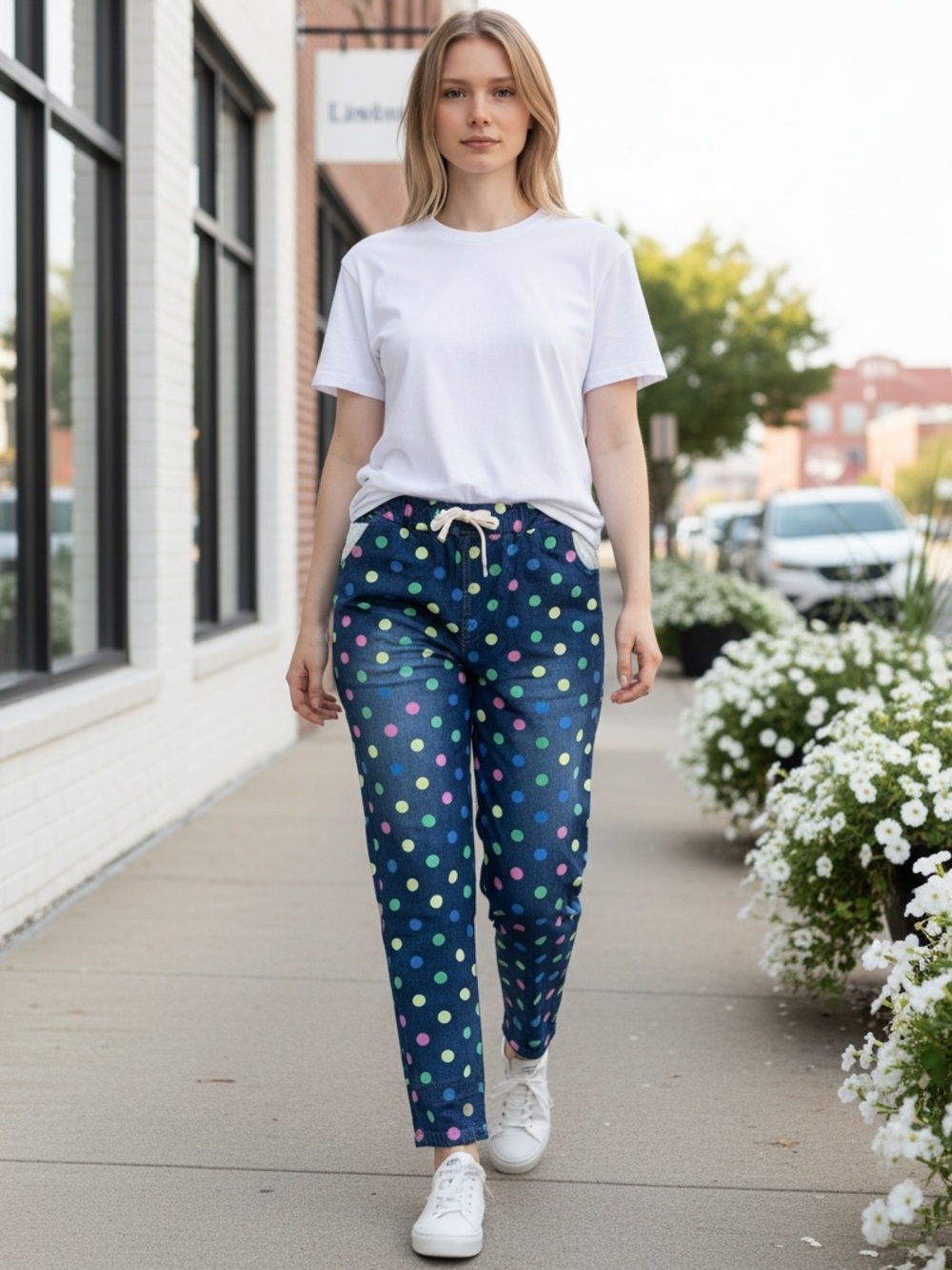 NEW Denimland Multicolor Polka Dot Eyelet Washed Denim Chambray Joggers Pants